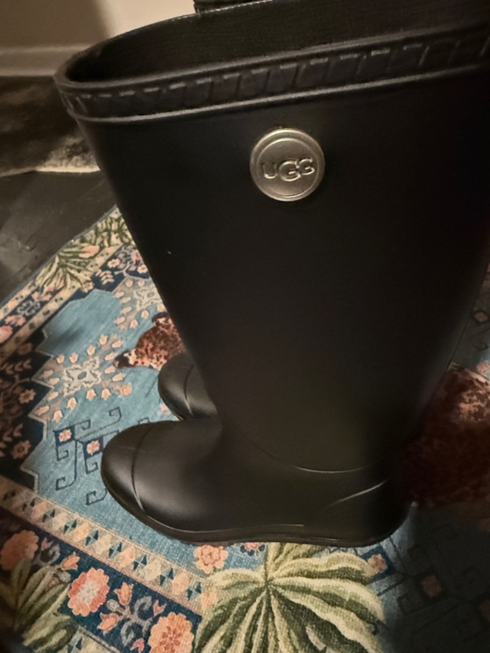 UGG Black Matte Tall Rain Boots with Logo Button